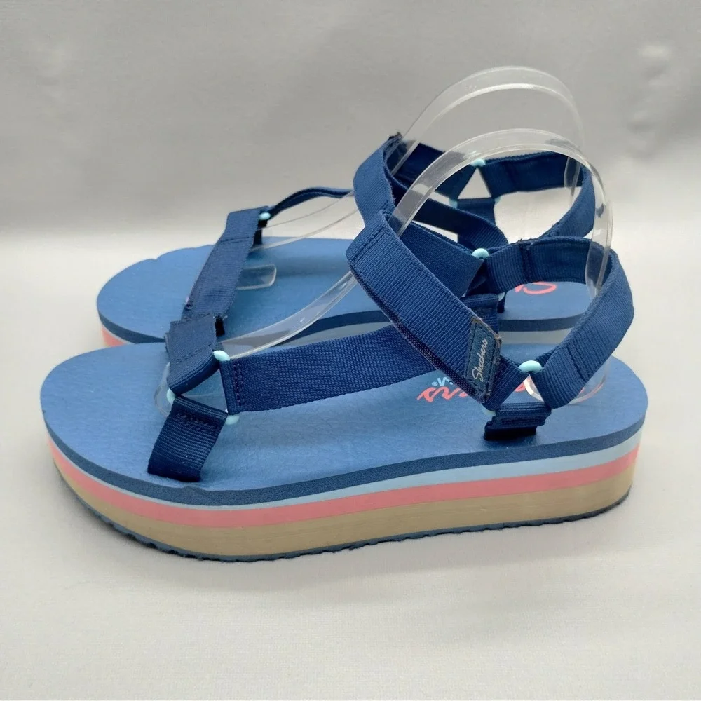 Skechers Yoga Foam Blue Striped Platform Strappy Sandals Womens 10 Multi Color